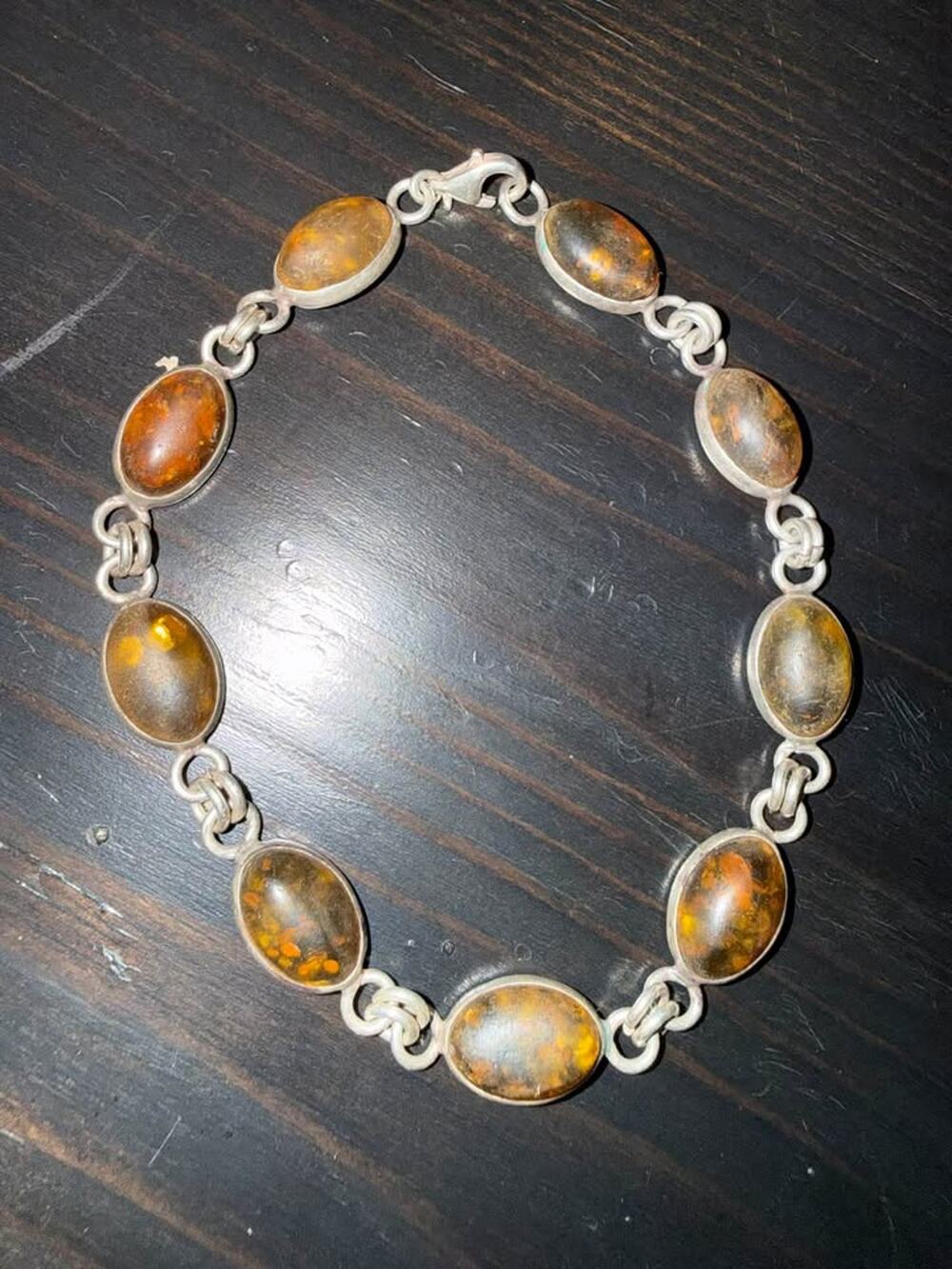 Vintage Sterling Silver 925 Baltic Honey color Amber Stone Link 8"L Bracelet